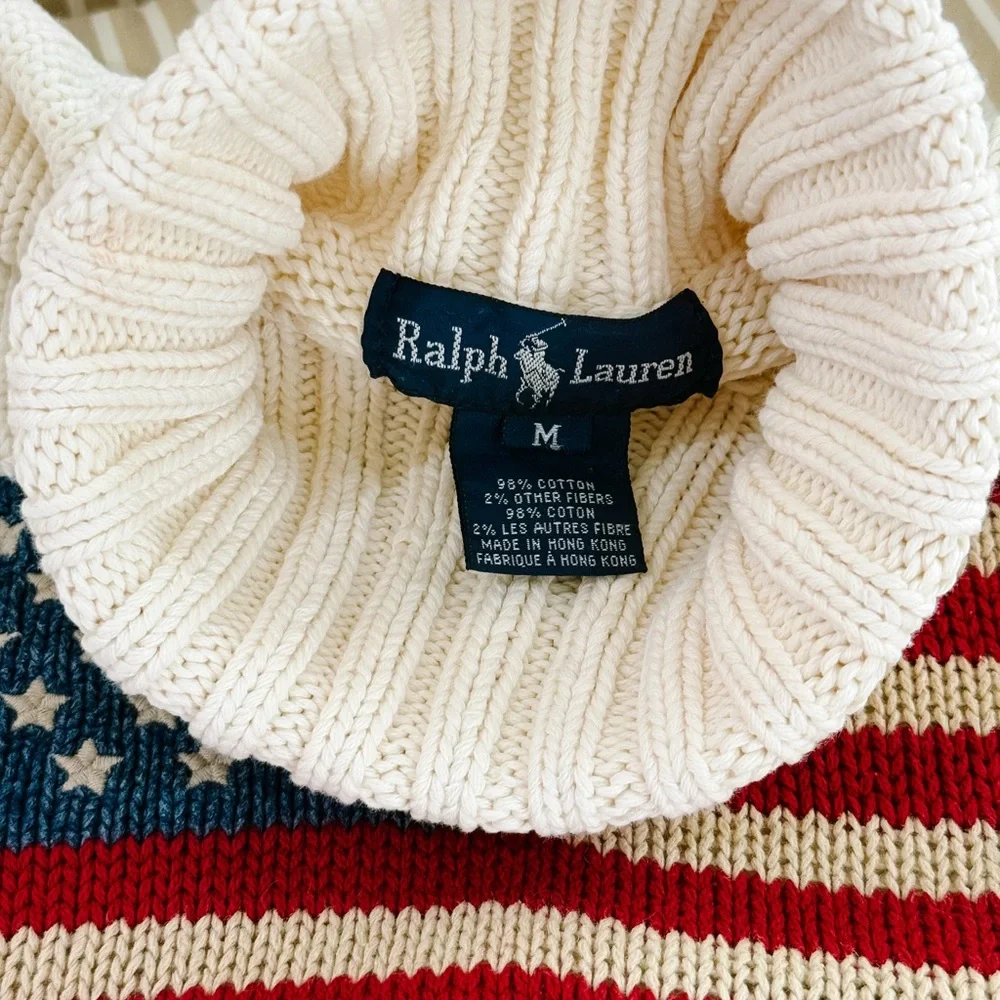 RARE 90s Vintage Ralph Lauren Cream Flag Turtleneck Sweater size M - Blue Tag - Picture 2 of 13